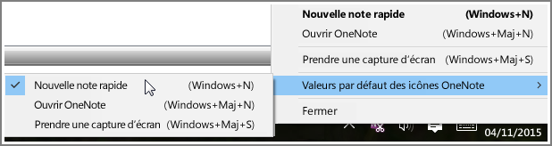 Capture d’écran de la barre d’état système avec les options OneNote.