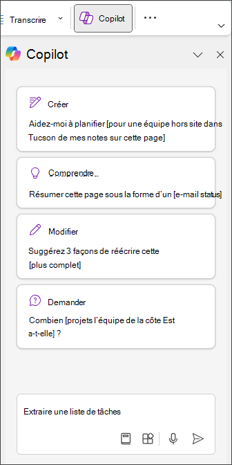 Tapez Extraire la liste des tâches dans le volet Copilot de OneNote