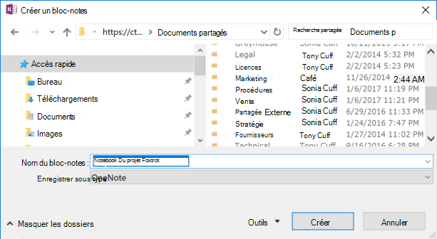 Boîte de dialogue Créer un bloc-notes oneNote pour Windows 2016