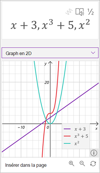 capture d’écran de la assistant graphique généré de trois équations, x plus 3 en violet, x à la troisième plus 5 en rouge et x carré en vert.