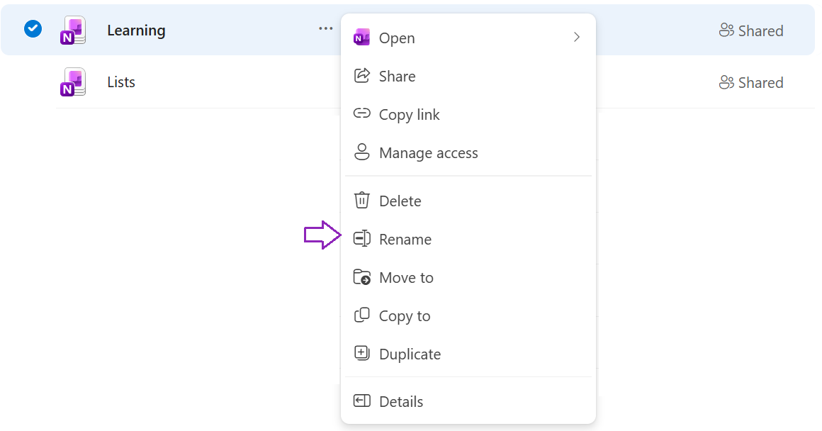 Capture d’écran montrant le menu contextuel d’un bloc-notes, y compris l’option Renommer.