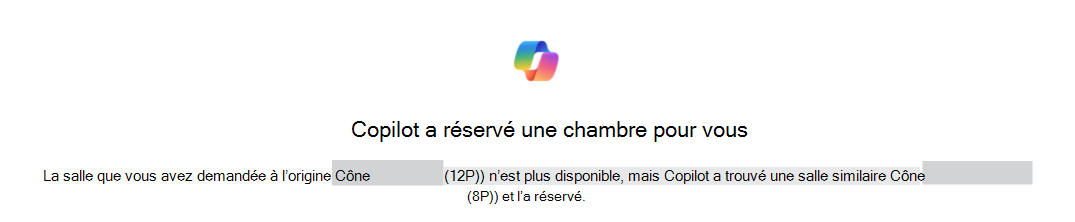 Exemple de confirmation d’une nouvelle réservation de chambre par Copilot pour vous identifiant les salles d’origine et de remplacement.