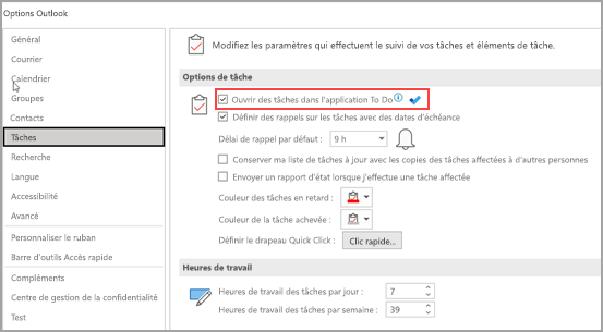 Capture d’écran montrant les tâches mises en surbrillance dans le volet gauche et Ouvrir les tâches dans l’application To Do encerclée sur le côté droit.