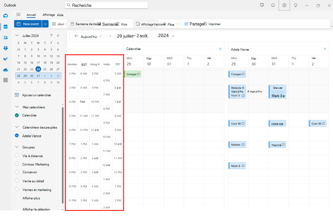 Capture d’écran montrant l’ajout de plusieurs fuseaux horaires dans le calendrier