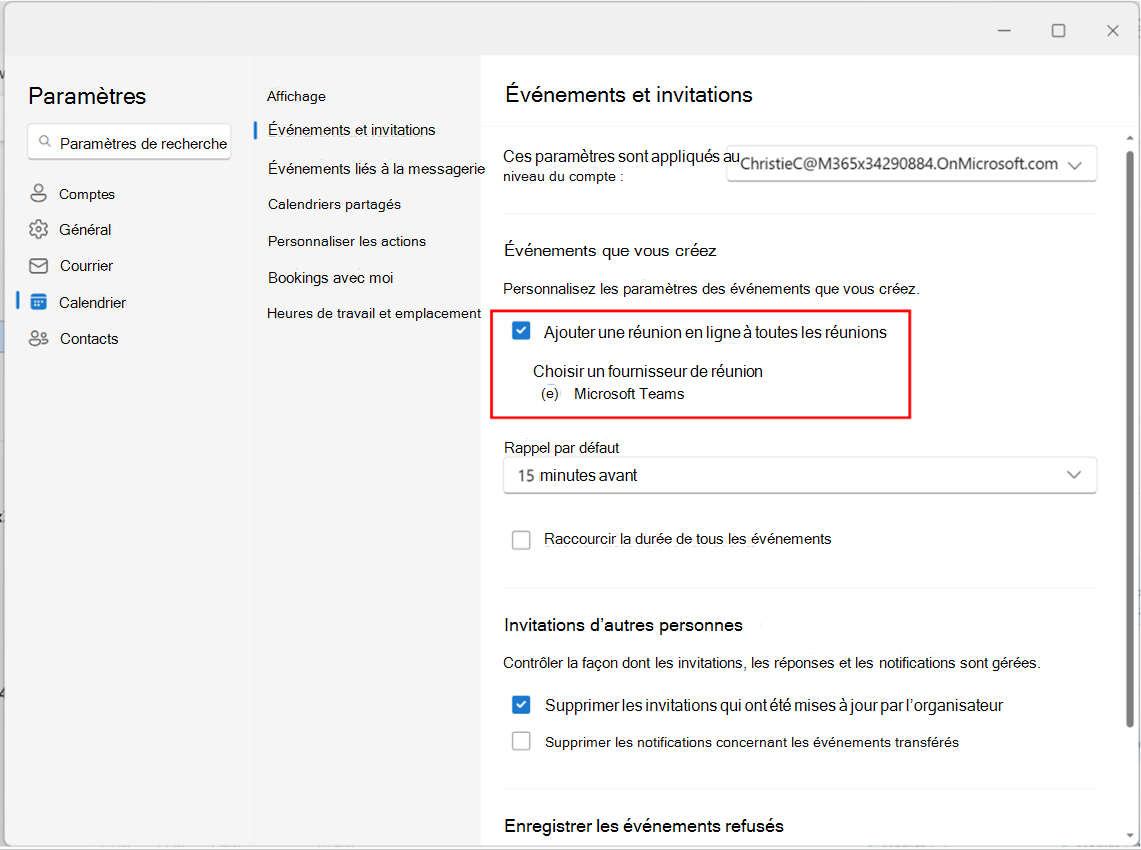 Capture d’écran montrant l’activation ou la désactivation de l’ajout d’une réunion en ligne à toutes les réunions