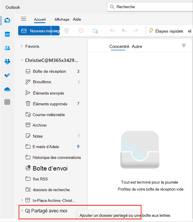 Capture d’écran d’une fenêtre contextuelle dans Outlook pour l’ajout d’un dossier partagé ou d’une boîte aux lettres