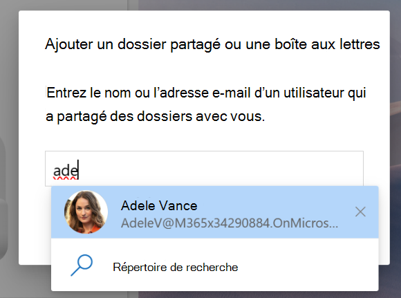 Capture d’écran de Partagé avec moi pour ajouter un dossier partagé ou une boîte aux lettres