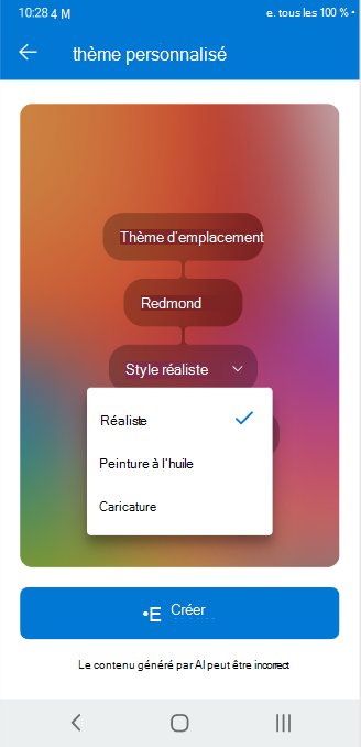 Écran montrant le sélecteur de liste déroulante utilisé pour ajuster les attributs configurables d’un thème personnalisé sur Outlook pour Android