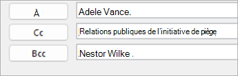 Sélectionnez un nom de contact, puis sélectionnez À, Cc ou Cci pour ajouter le contact au champ approprié.