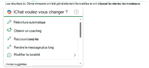 Du texte dans un message électronique sélectionné, et le menu Copilot développé pour afficher les options de ce que vous pouvez faire avec ce texte.