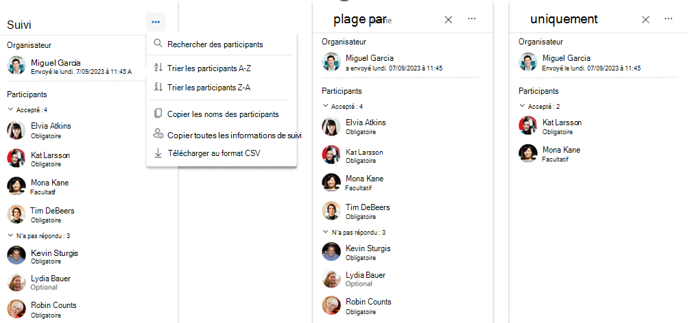 Capture d’écran de la copie et de l’exportation des participants à la réunion