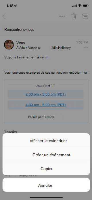 Affiche un e-mail sur un écran mobile. Il existe des options de menu en bas : Afficher Calendar, Créer un événement, Copier et Annuler.