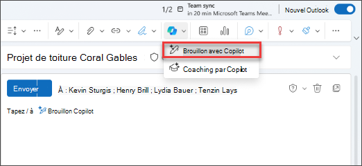 Option de menu déroulant Brouillon avec Copilot dans Nouveau Outlook