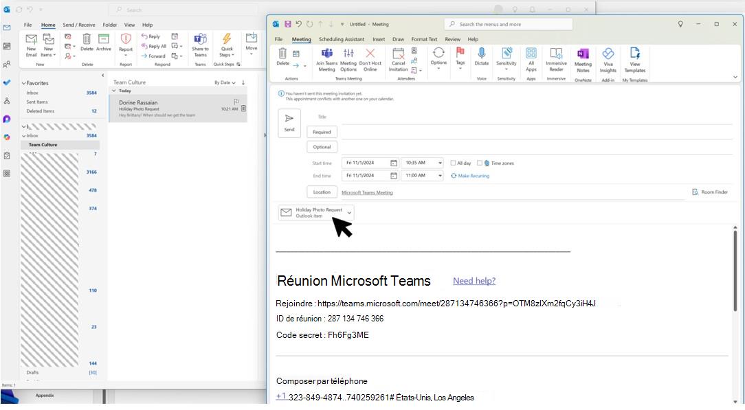 Capture d’écran montrant le glisser-déplacer des e-mails et des pièces jointes dans l’espace du calendrier