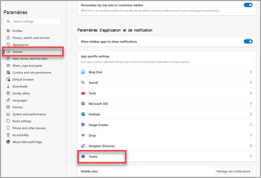 Paramètres de l’application et des notifications dans la page des paramètres de la barre latérale Microsoft Edge.