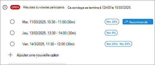 Vue Organisateurs d’un sondage de planification avec des options de modification