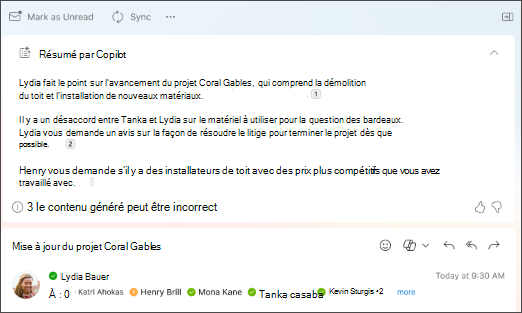 Résumé du fil de messagerie avec des citations créées par Copilot