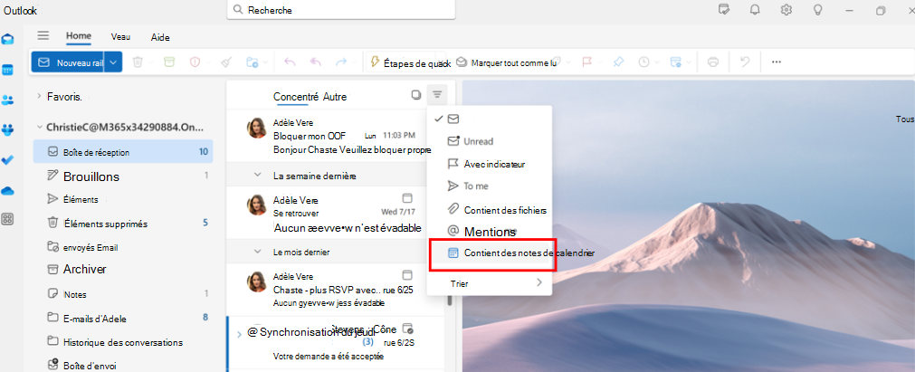 Capture d’écran montrant que les administrateurs exécutifs peuvent utiliser le filtre d’invitations de calendrier