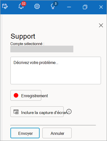 Capture d’écran du volet de support des contacts montrant la zone pour fournir une description du problème