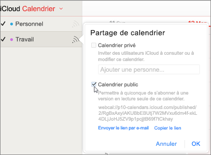Paramètres de calendrier public dans iCloud