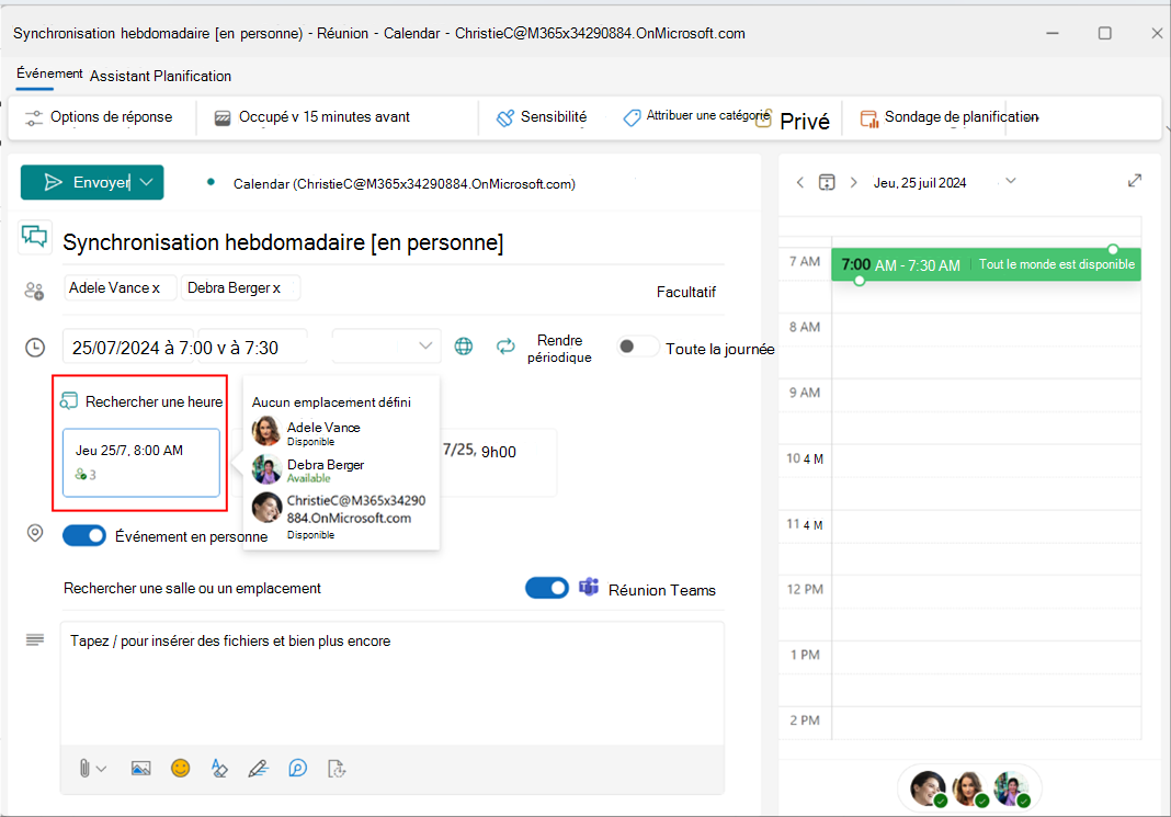 Capture d’écran montrant l’activation de l’événement en personne dans le nouvel Outlook