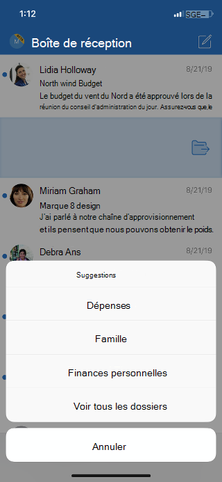 Affiche une boîte de réception avec une liste d’options de dossier et une option pour voir tous les dossiers.