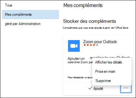 Menu Mes compléments dans Outlook pour Mac.