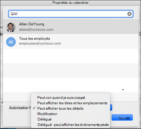 Paramètres de délégation pour une adresse e-mail donnée.
