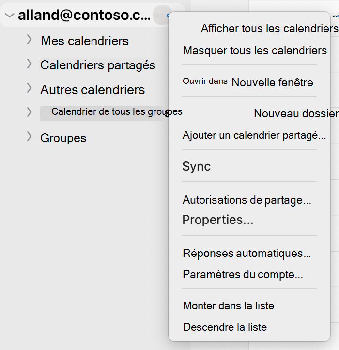 Option de sélection Autorisations de partage.