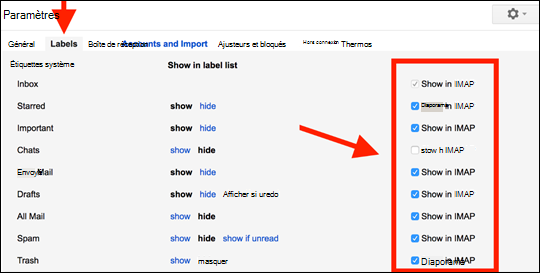 Capture d’écran représentant la page des paramètres de Google à consulter pour permettre aux dossiers de fonctionner dans Outlook Mobile.
