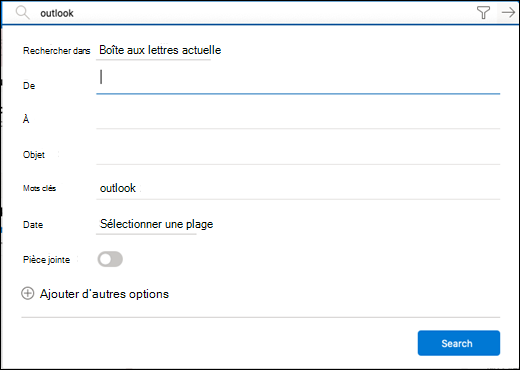 Menu filtre pour la recherche.