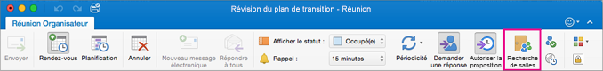 Ruban Outlook avec le bouton Recherche de salles mis en évidence