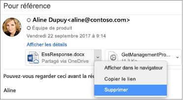 Sélectionnez la flèche vers le bas et sur Supprimer pour supprimer la pièce jointe