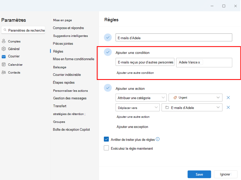 Capture d’écran montrant la configuration d’un Email reçu pour d’autres règles pour le compte des cadres