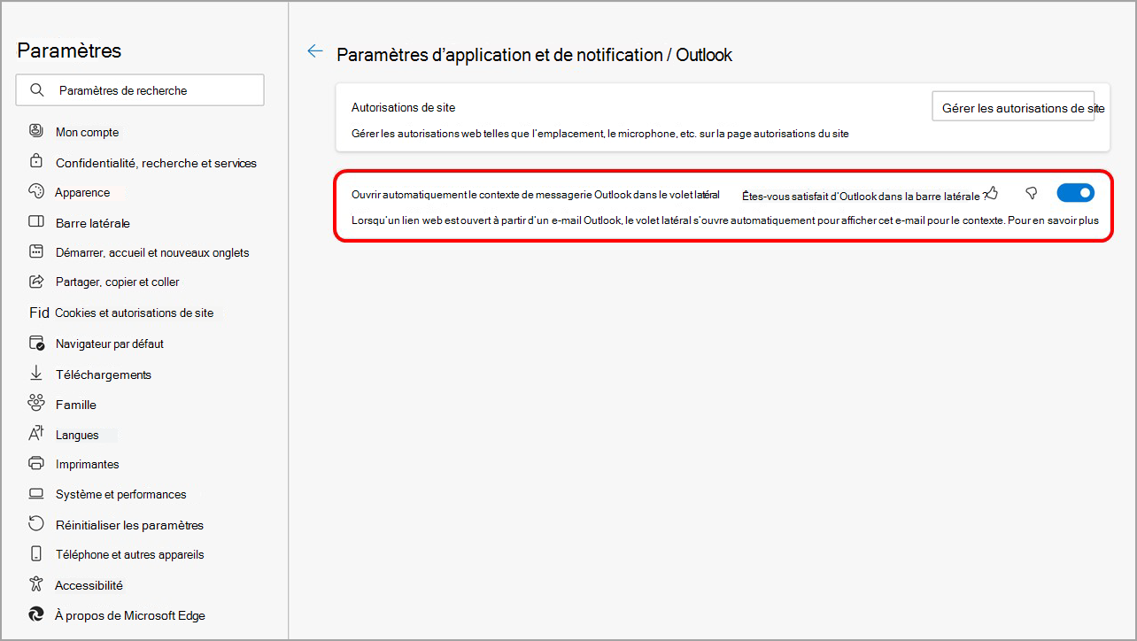 Désactivez l’ouverture du contenu Outlook dans le volet latéral de Microsoft Edge à partir des paramètres de la barre latérale Microsoft Edge.