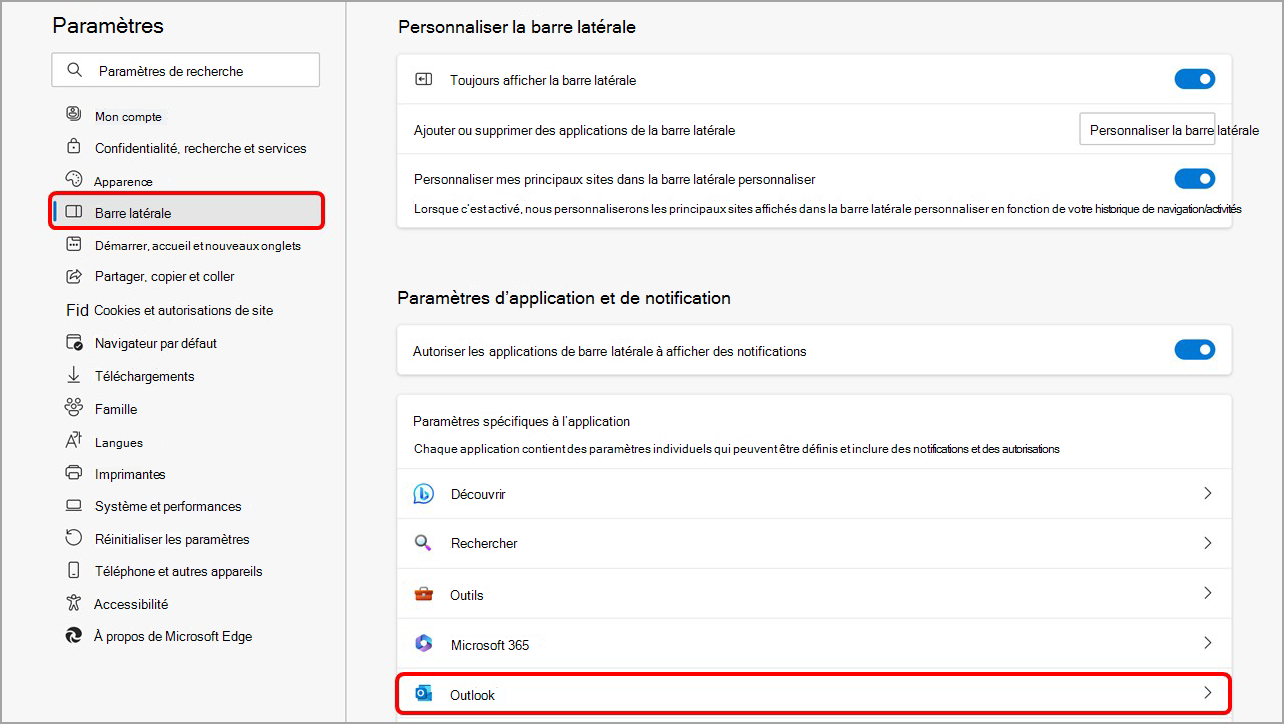 Personnalisez votre barre latérale Microsoft Edge à partir de la page des paramètres de la barre latérale.