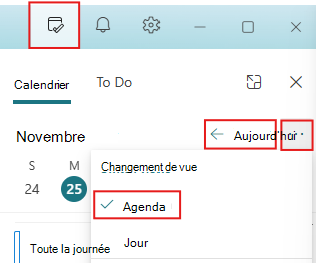 Définir le volet Ma journée sur Aujourd’hui et l’affichage Agenda