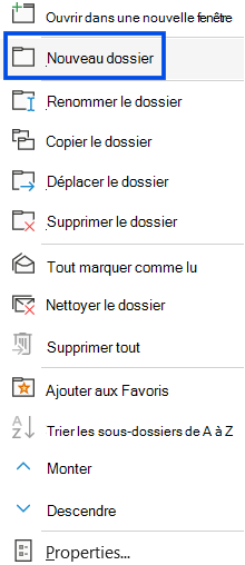 Capture d’écran montrant la sélection d’un nouveau dossier dans le volet de navigation d’Outlook classique.