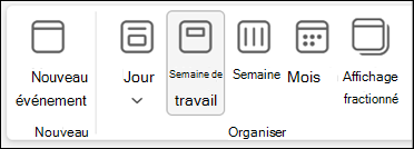 Capture d’écran du ruban dans le nouvel Outlook avec des sélections pour modifier l’affichage calendrier