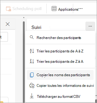 Capture d’écran du volet Suivi dans outlook montrant les options de liste déroulante pour copier la liste des participants