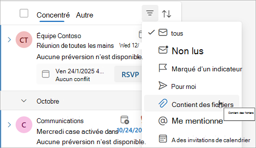 Sélectionnez a des fichiers pour rechercher tous les messages comportant des pièces jointes.