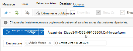 Démarrez fusion et publipostage avec les destinataires. Chaque destinataire recevra sa propre copie de l’e-mail sans les autres destinataires répertoriés.