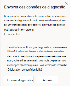 Capture d’écran de la fenêtre montrant comment envoyer des données de diagnostic quand vous parlez avec un agent