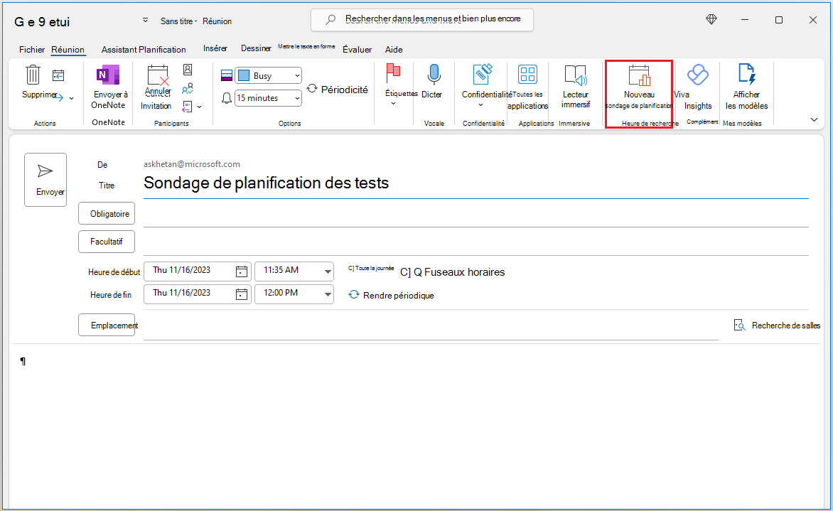 Créez un sondage de planification dans Calendar formulaire de composition d’événement.
