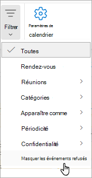 Capture d’écran du filtre dans Calendar montrant Masquer les événements refusés dans la liste déroulante