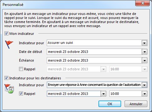Case à cocher Indicateur pour les destinataires dans la boîte de dialogue Personnalisé