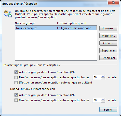 La boîte de dialogue Paramètres d’envoi/réception