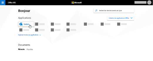 Page d'accueil Office 365 avec application Outlook en surbrillance