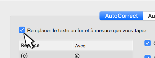 Outlook pour Mac case à cocher remplacer le texte à mesure que vous tapez