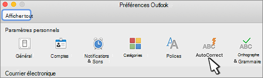 Outlook pour Mac bouton de correction automatique